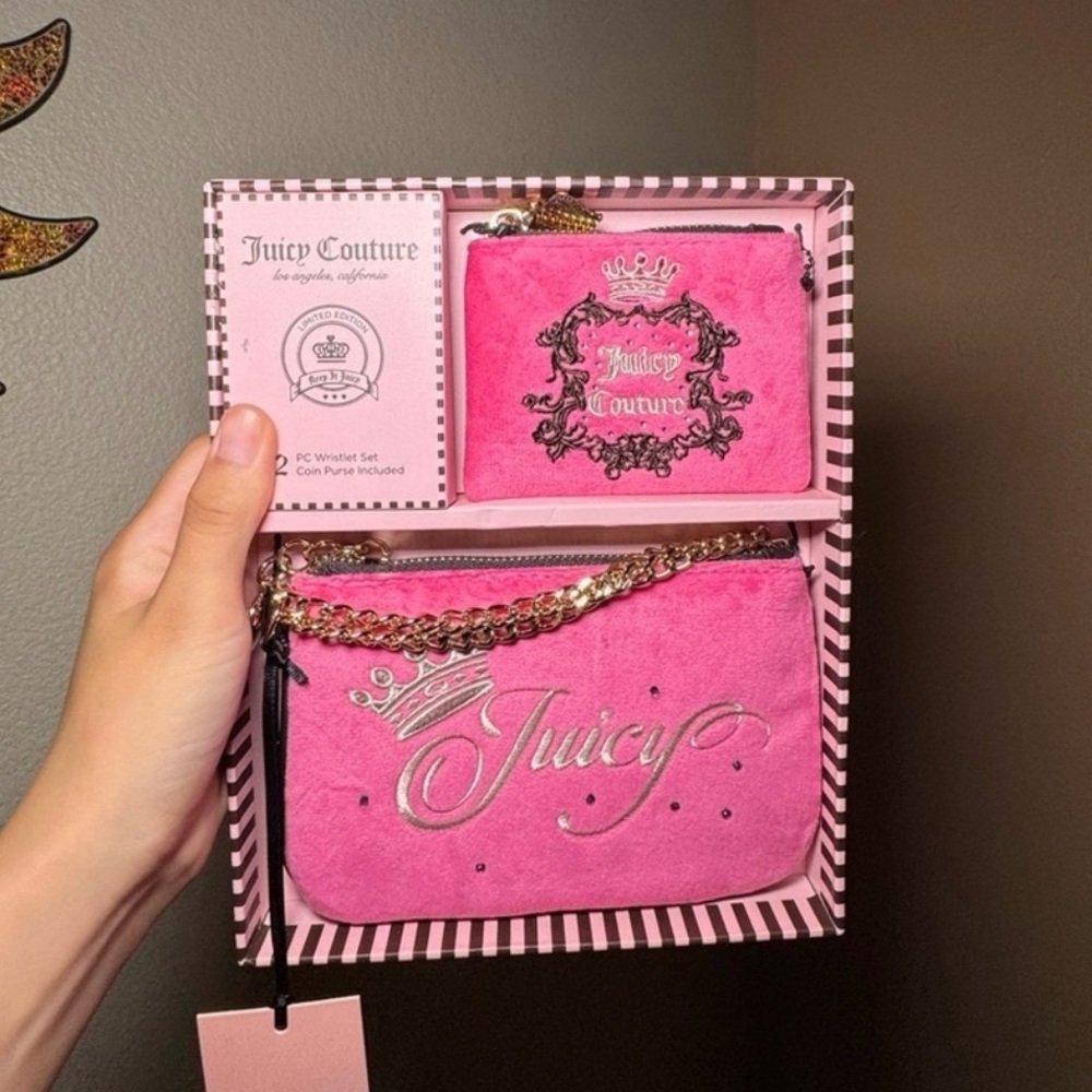 Juicy Couture Wristlet and Coin Purse Pink Bag Duo with Gold Accents